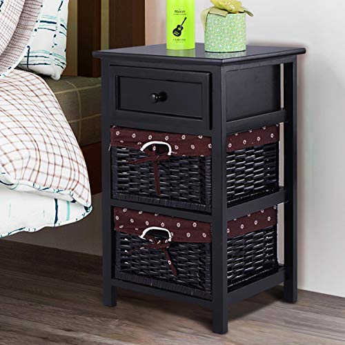 Elegant Black Wooden Nightstand with Baskets and Drawer
