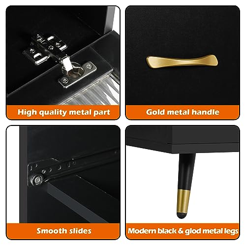 Modern Black USB Nightstand with 3 Drawers