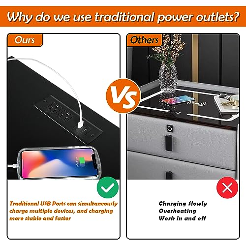 Modern Black USB Nightstand with 3 Drawers