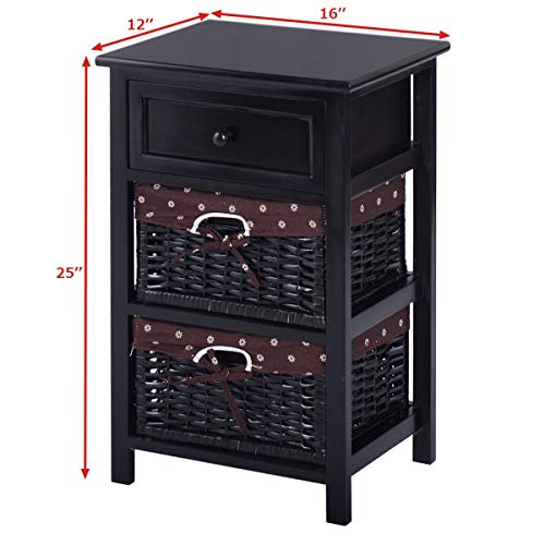 Elegant Black Wooden Nightstand with Baskets and Drawer