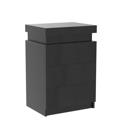 Modern Black Nightstand with LED Light and Storage