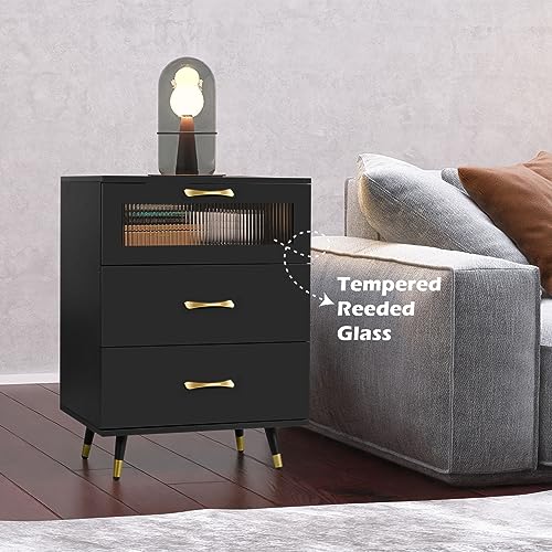 Modern Black USB Nightstand with 3 Drawers