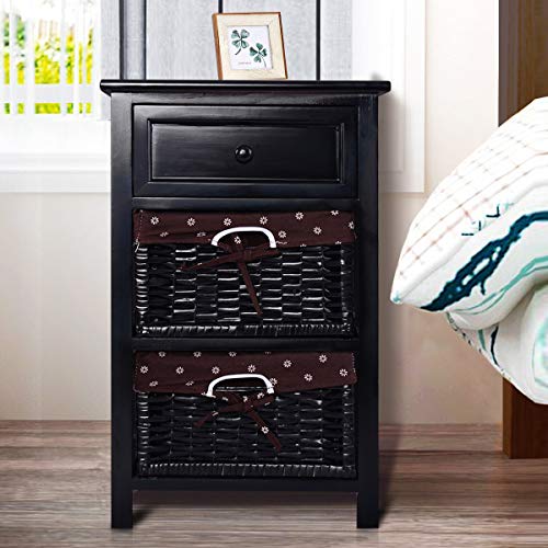Elegant Black Wooden Nightstand with Baskets and Drawer