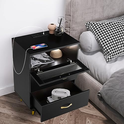 Modern Black USB Nightstand with 3 Drawers