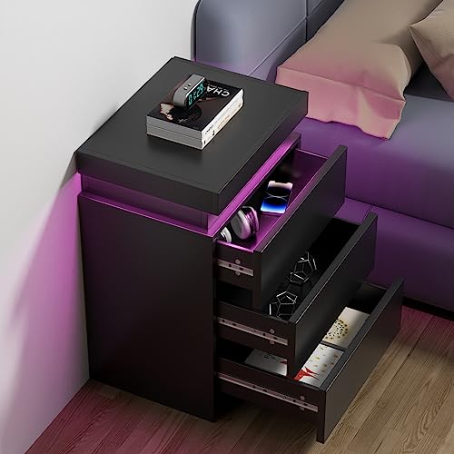 Modern Black Nightstand with LED Light and Storage