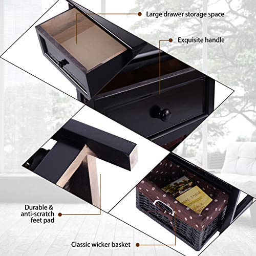 Elegant Black Wooden Nightstand with Baskets and Drawer