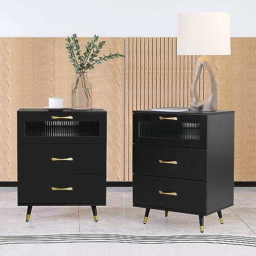Modern Black USB Nightstand with 3 Drawers