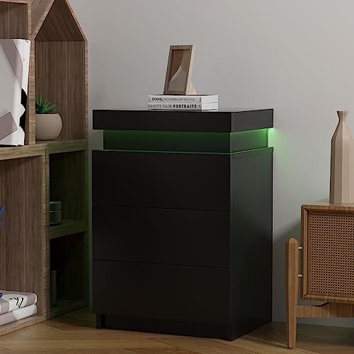 Modern Black Nightstand with LED Light and Storage