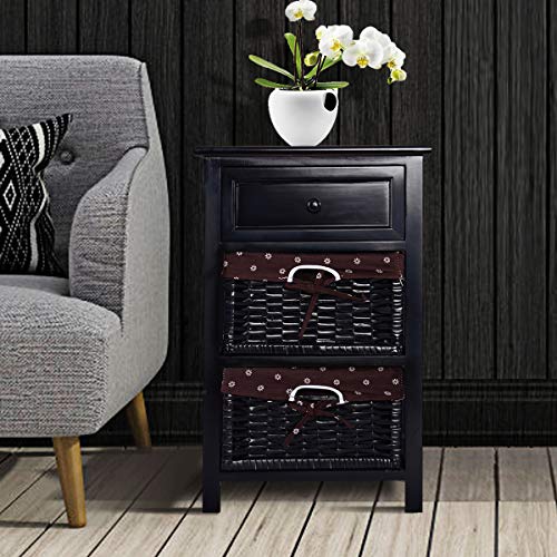 Elegant Black Wooden Nightstand with Baskets and Drawer