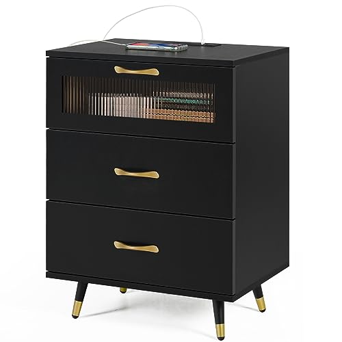 Modern Black USB Nightstand with 3 Drawers
