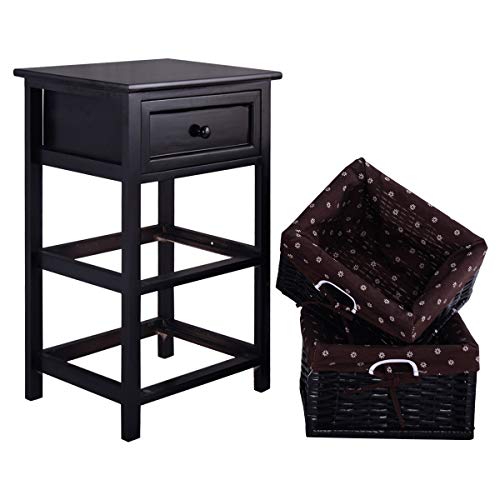 Elegant Black Wooden Nightstand with Baskets and Drawer