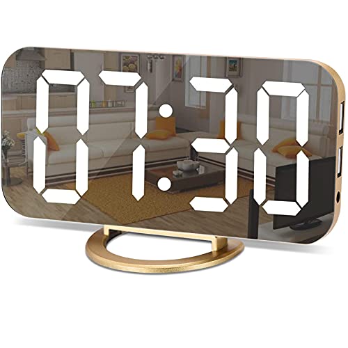 Gold LED Mirror Digital Alarm Clock with USB Ports