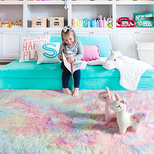 Rainbow Plush Area Rug for Girls' Bedrooms
