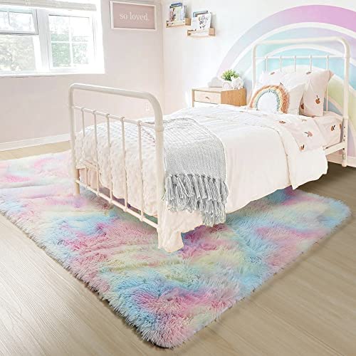 Rainbow Plush Area Rug for Girls' Bedrooms