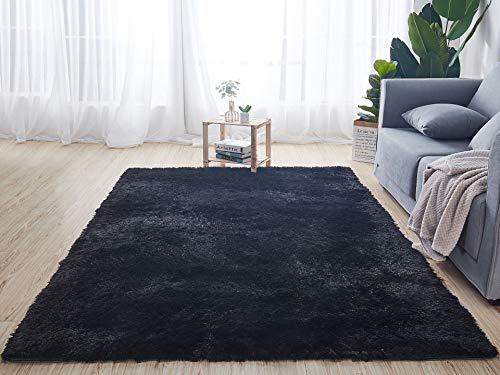 Modern Black Shaggy Area Rug for Bedroom Decor