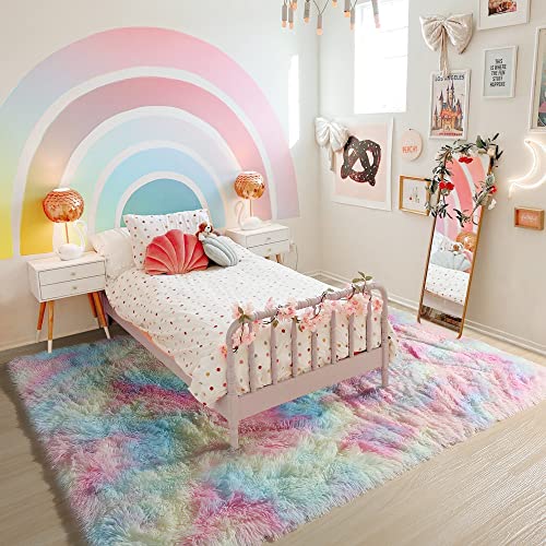 Rainbow Plush Area Rug for Girls' Bedrooms