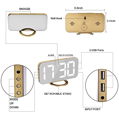 Gold LED Mirror Digital Alarm Clock with USB Ports