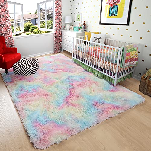 Rainbow Plush Area Rug for Girls' Bedrooms