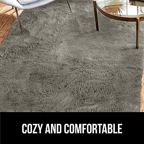 Fluffy Steel Gray Faux Fur Area Rug 5x7 FT
