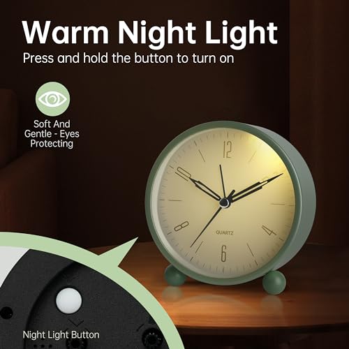 Sage Green Silent Analog Alarm Clock with Night Light
