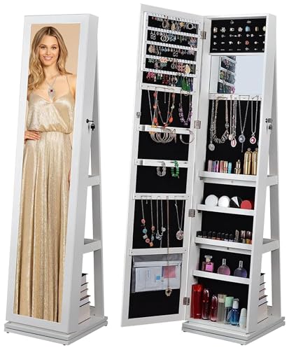 Elegant White Jewelry Armoire with Full-Length Mirror