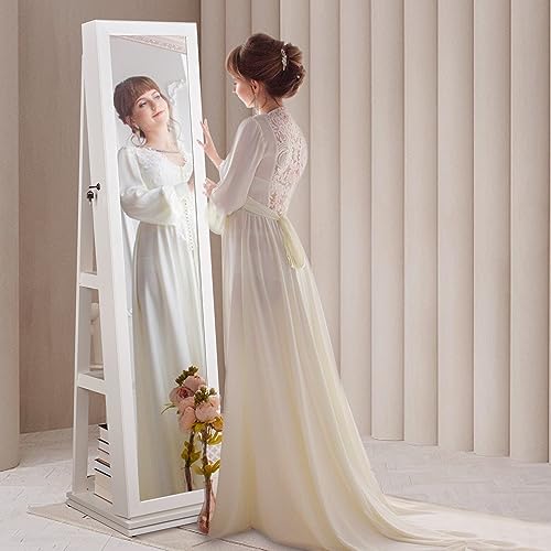 Elegant White Jewelry Armoire with Full-Length Mirror
