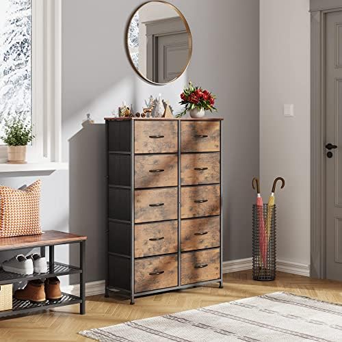 Rustic Brown Tall Dresser with 10 Drawers