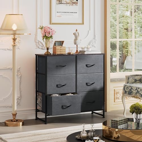 6-Drawer Fabric Dresser in Dark Grey