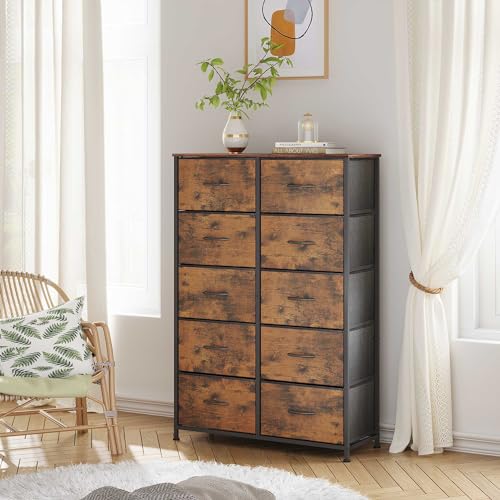 Rustic Brown Tall Dresser with 10 Drawers