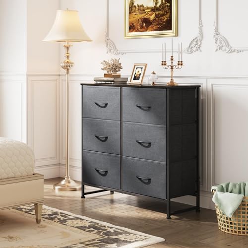 6-Drawer Fabric Dresser in Dark Grey