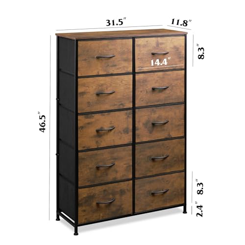 Rustic Brown Tall Dresser with 10 Drawers