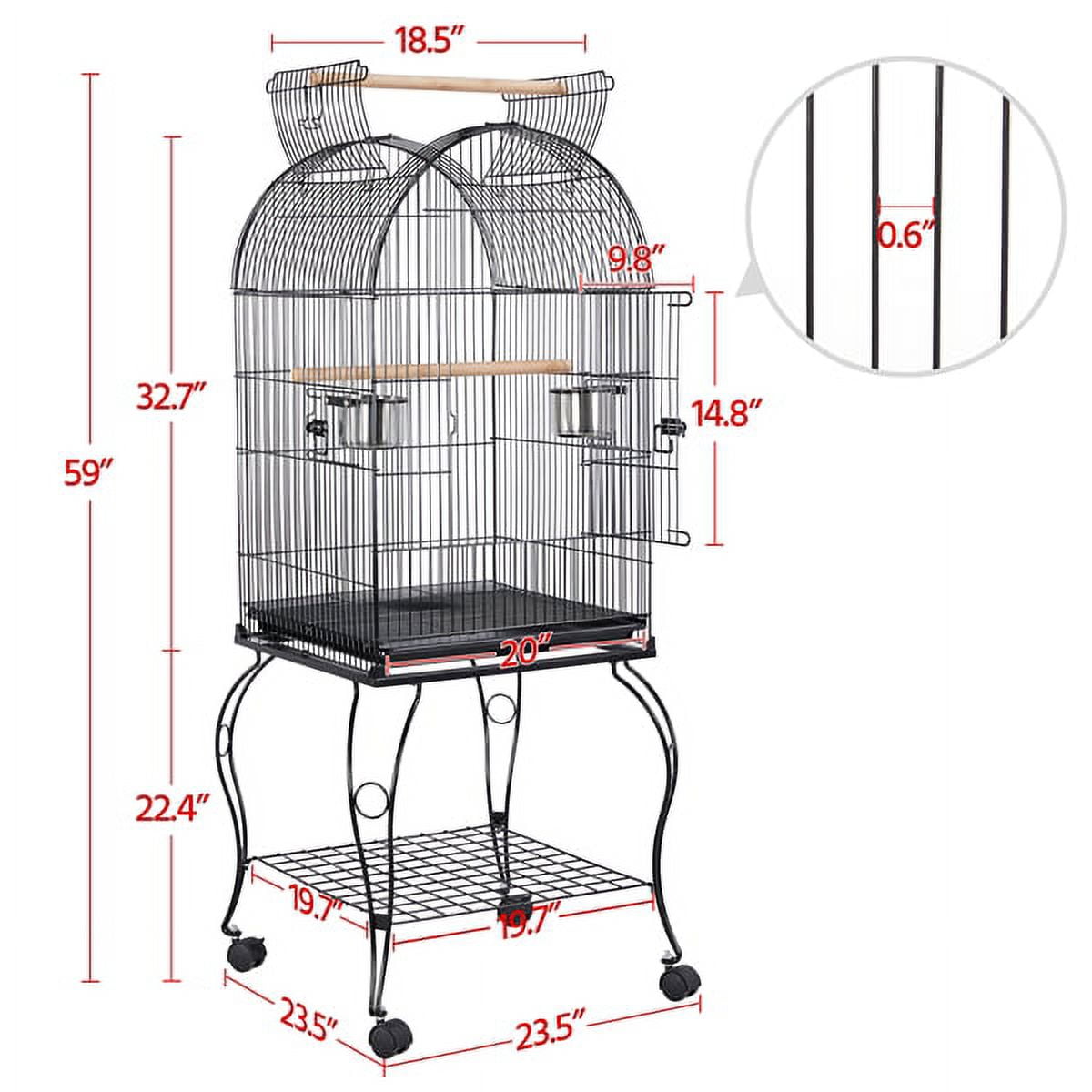 Black rolling bird cage with feeders and perches