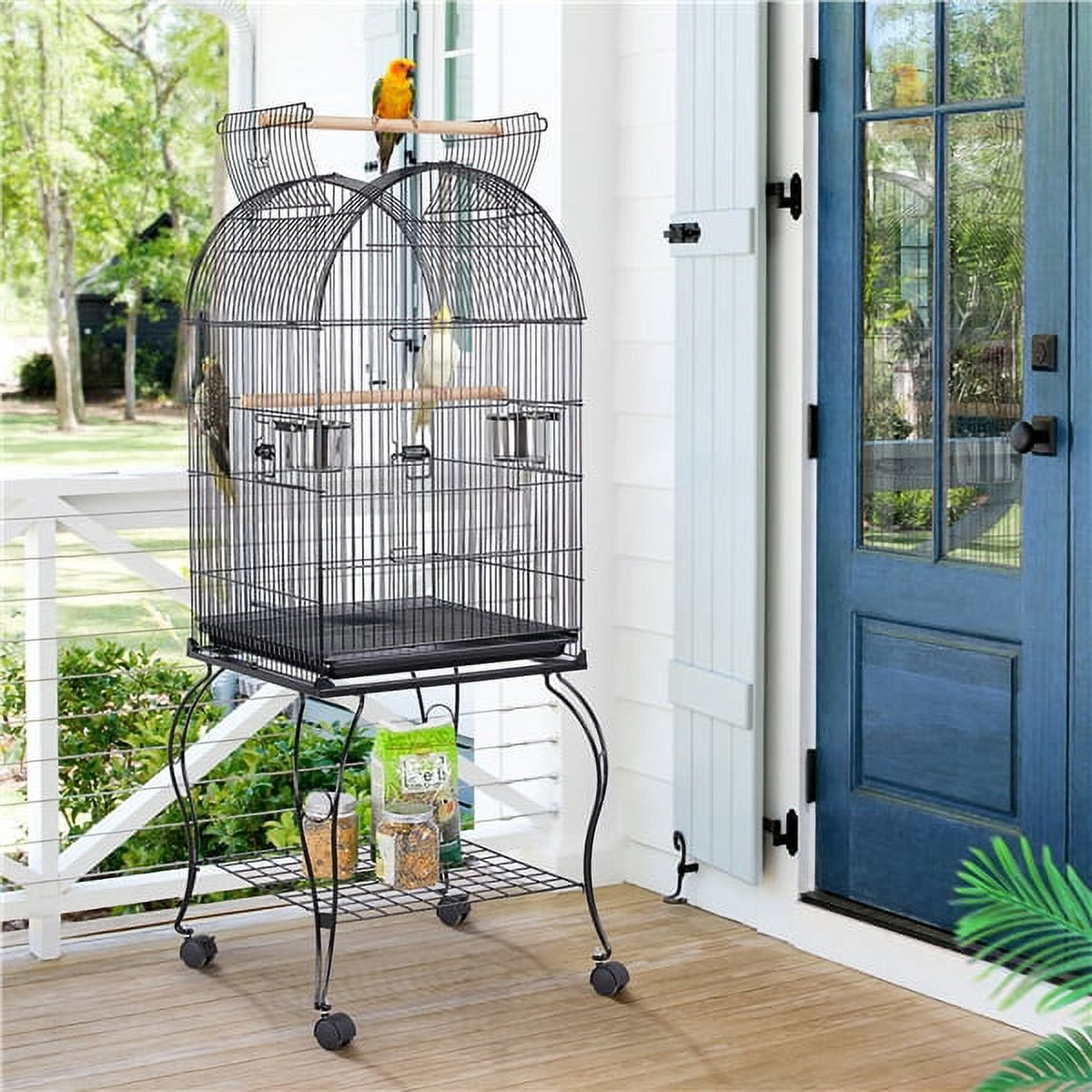Black rolling bird cage with feeders and perches