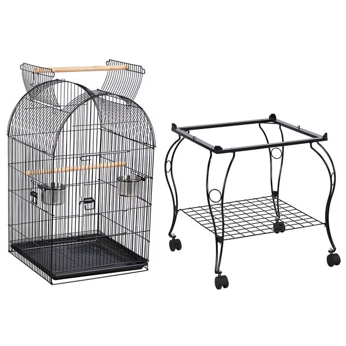 Black rolling bird cage with feeders and perches