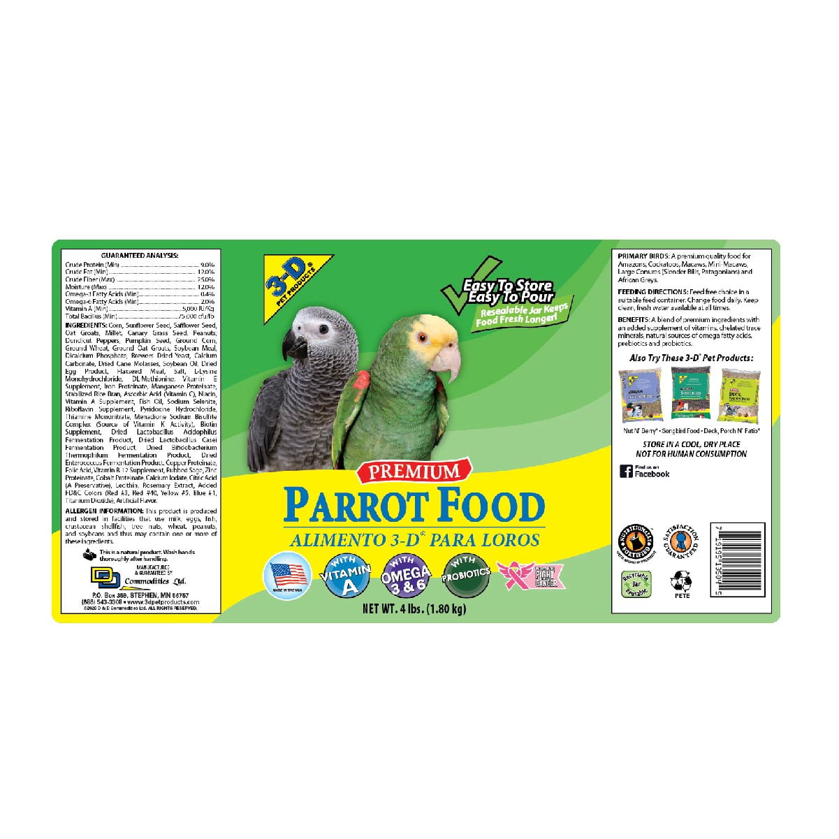 Premium Parrot Seed Mix, 4lb Jar
