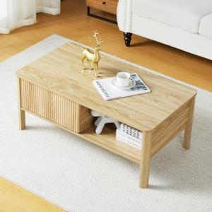 wirrytor Mid-Century Modern Rectangular Wood Coffee Table with Dual Storage Shelf, Storage Center Coffee Tables with Waveform Panel Sliding Door Dining Table for Living Room Apartment(Natural)