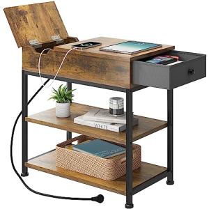 YITAHOME End Table with Charging Station, Flip Top Side Table with USB Ports and Outlets, Sofa Side Table Bedside Nightstand with Storage Shelves for Living Room & Bedroom