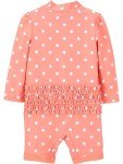 Simple Joys by Carter's Baby Mädchen 2-Pack 1-Piece Zip Rashguards Einteiliger Badeanzug, Marineblau Meereslebewesen/Pfirsich Punkte, 2 Jahre (2er Pack)