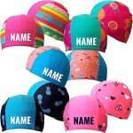 Kinder Badekappe Multicolor mit Namen Bedruckt | Schwimmkappe Badehaube Schwimmhaube mit Name (Türkis - Früchte)