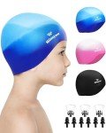 Winsyne 3 Stück Badekappe Kinder Jungen Mädchen, Unisex Schwimmkappe Silikon für Kleinkinder von 3–15 Jahren, wasserdichte Bademütze für Kurzes/Langes Haar um das Haar Trocken zu Halten-Mehrfarbig-01