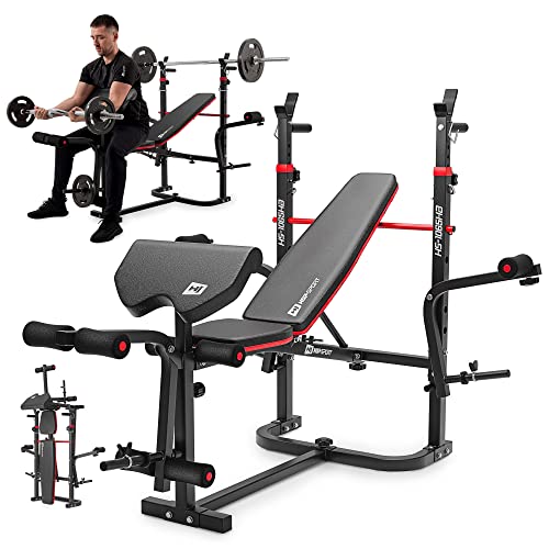 Hop-Sport klappbare Hantelbank HS-1065 mit Langhantel-Ablage, Curlpult und Butterfly - verstellbare Trainingsbank für Bankdrücken