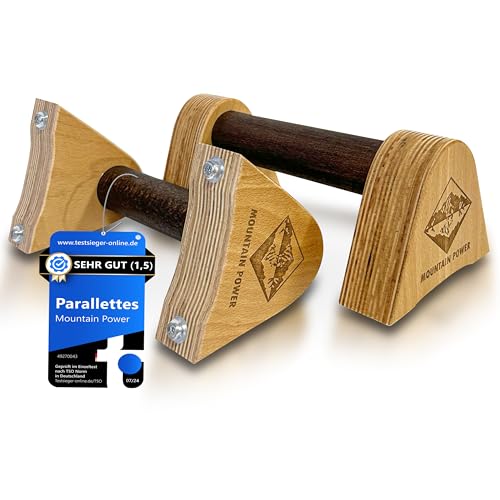 MOUNTAIN POWER Holz Parallettes Liegestützgriffe, Push Up Bars,verschraubte Gummifüße, extra Antirutschbeschichtung, Calisthenics Equipment Indoor & Outdoor, entwickelt vom Calisthenics Vizemeister