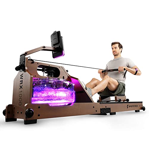 Sportstech Premium Wasser-Rudergerät mit LED-Wassertank, klappbar, App mit Workout Kursen+ Tablethalterung, Rudermaschine für zuhause WRX1000