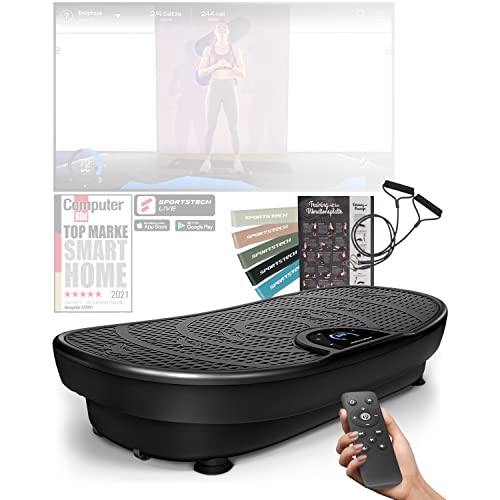 Sportstech Vibrationsplatte VP250 | Deutsche Qualitätsmarke | Curved Slim Design | Fettverbrennung & Muskelaufbau | leiser Motor mit 180 Stufen | 7+1 Trainingsprogramme inkl. Yoga | mit Bluetooth