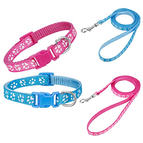2-Pack Dog Collar and Leash Set - Adjustable, Paw Print Design