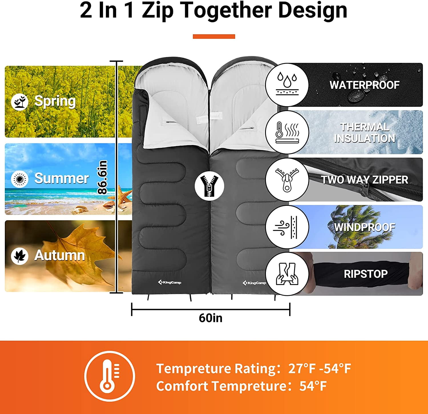 KingCamp Waterproof Lightweight 3 Season Camping Sleeping Bag Adult