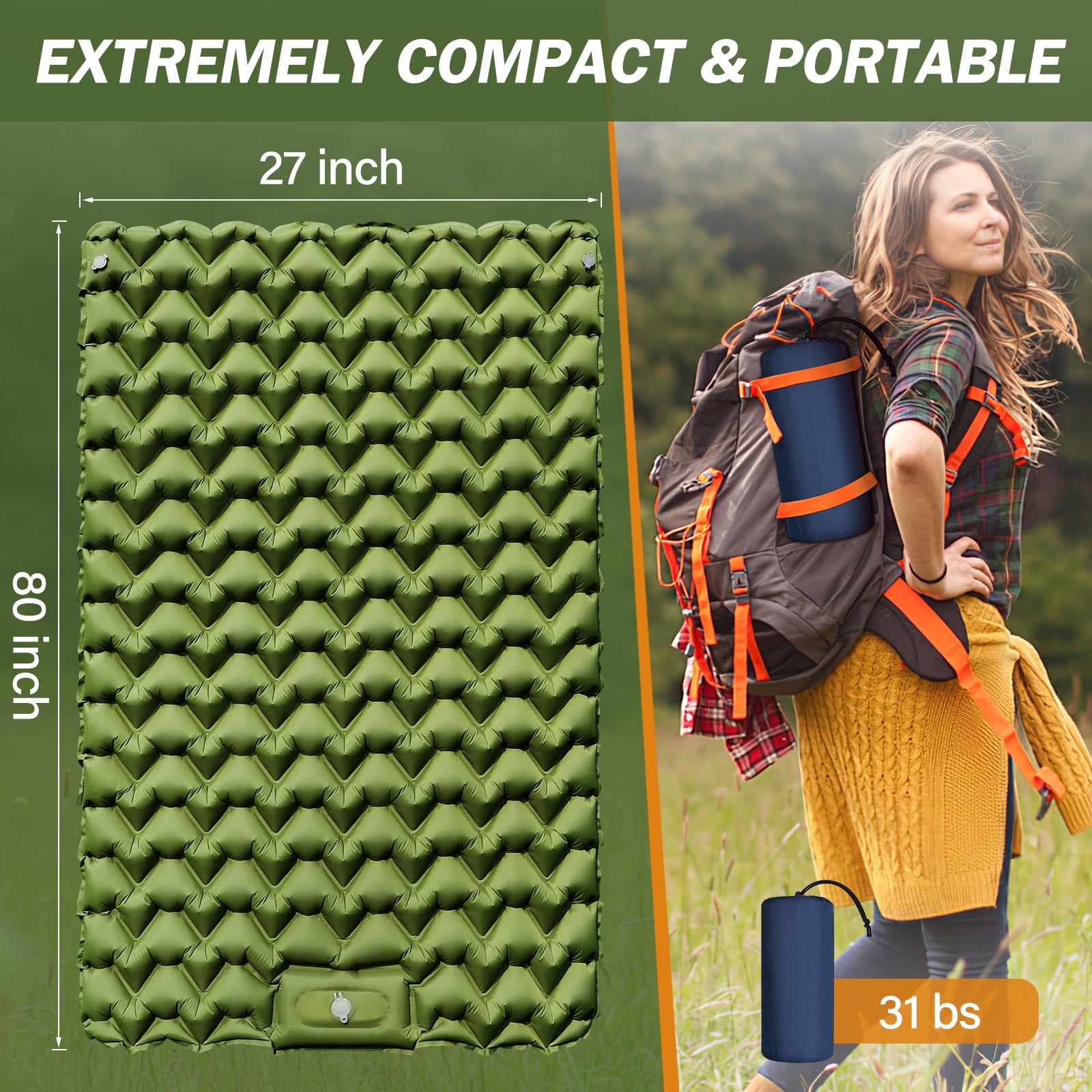 Inflatable Double Sleeping Pad with Pillow for Camping
