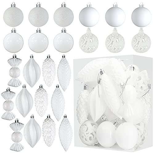 White Christmas Tree Decorations - 24pc Shatterproof Ornaments