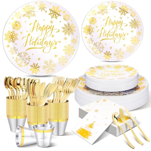 Christmas Party Bundle: White & Gold Plastic Dinnerware Set