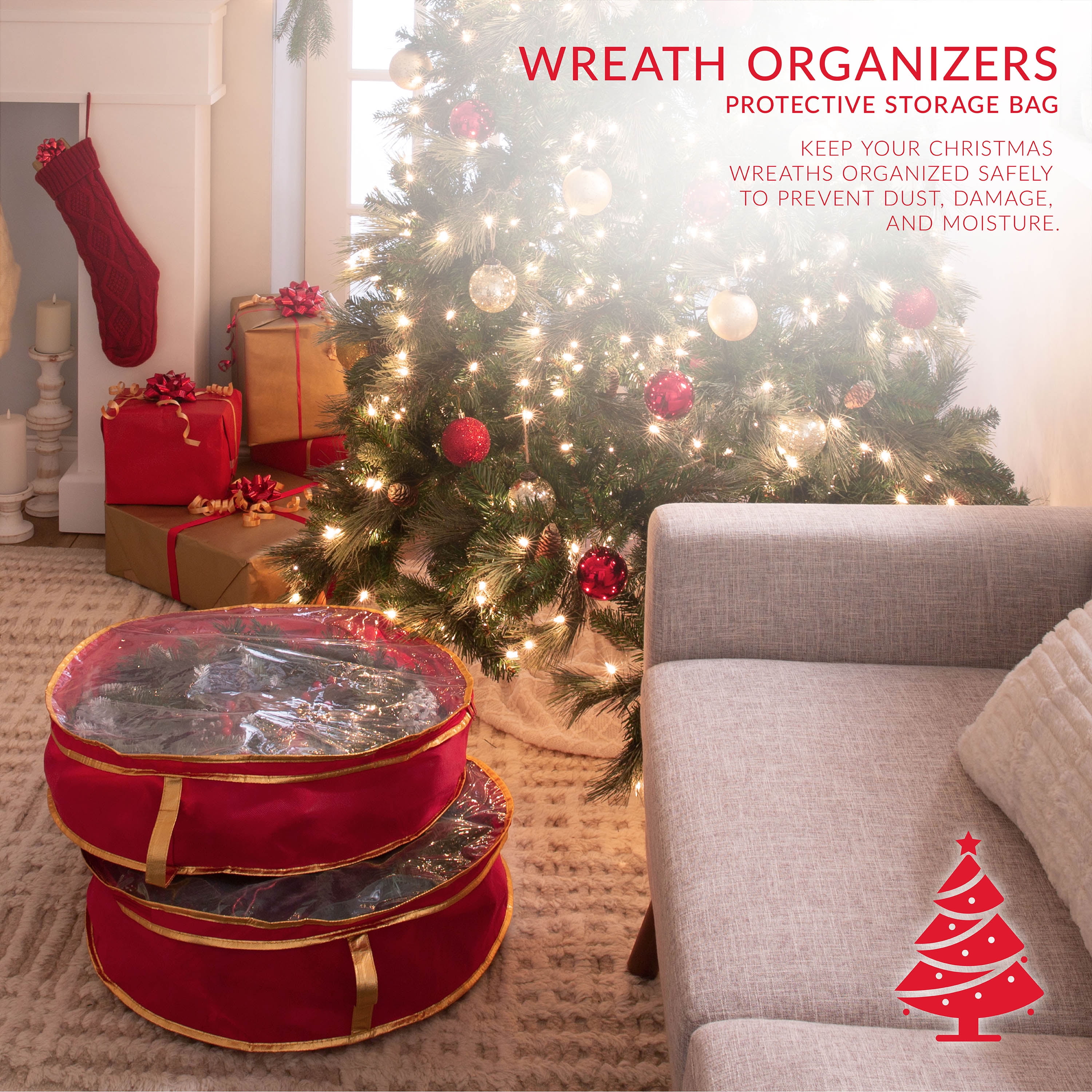 Simplify 2 Pack 30" Christmas Holiday Wreath Bag, Red Nonwoven